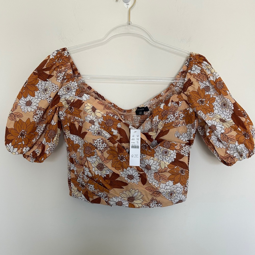 J.Crew Puff-Sleeve Top Floral XS Smocked Back BG321 Cotton Wrap Crop